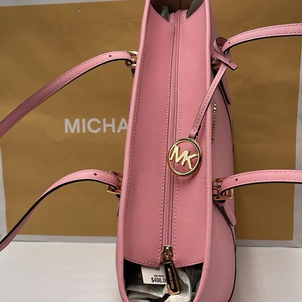 MICHAEL KORS Jet Set Travel Lg Top Zip Shoulder Tote Saffiano Leather Carnation